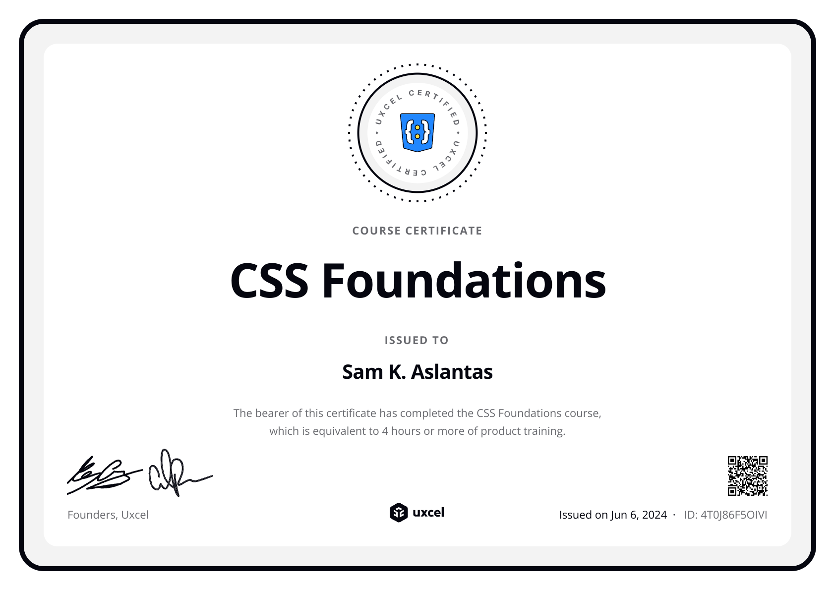 Sam K. Aslantas's certificate